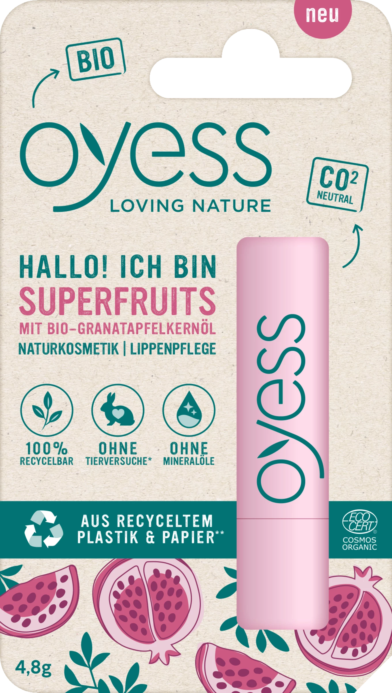 OYESS Hallo! Ich Bin Superfruits Lippenpflege Mit Bio-Granatapfelöl 1 OYESS Hallo! Ich Bin Superfruits Lippenpflege Mit Bio-Granatapfelöl