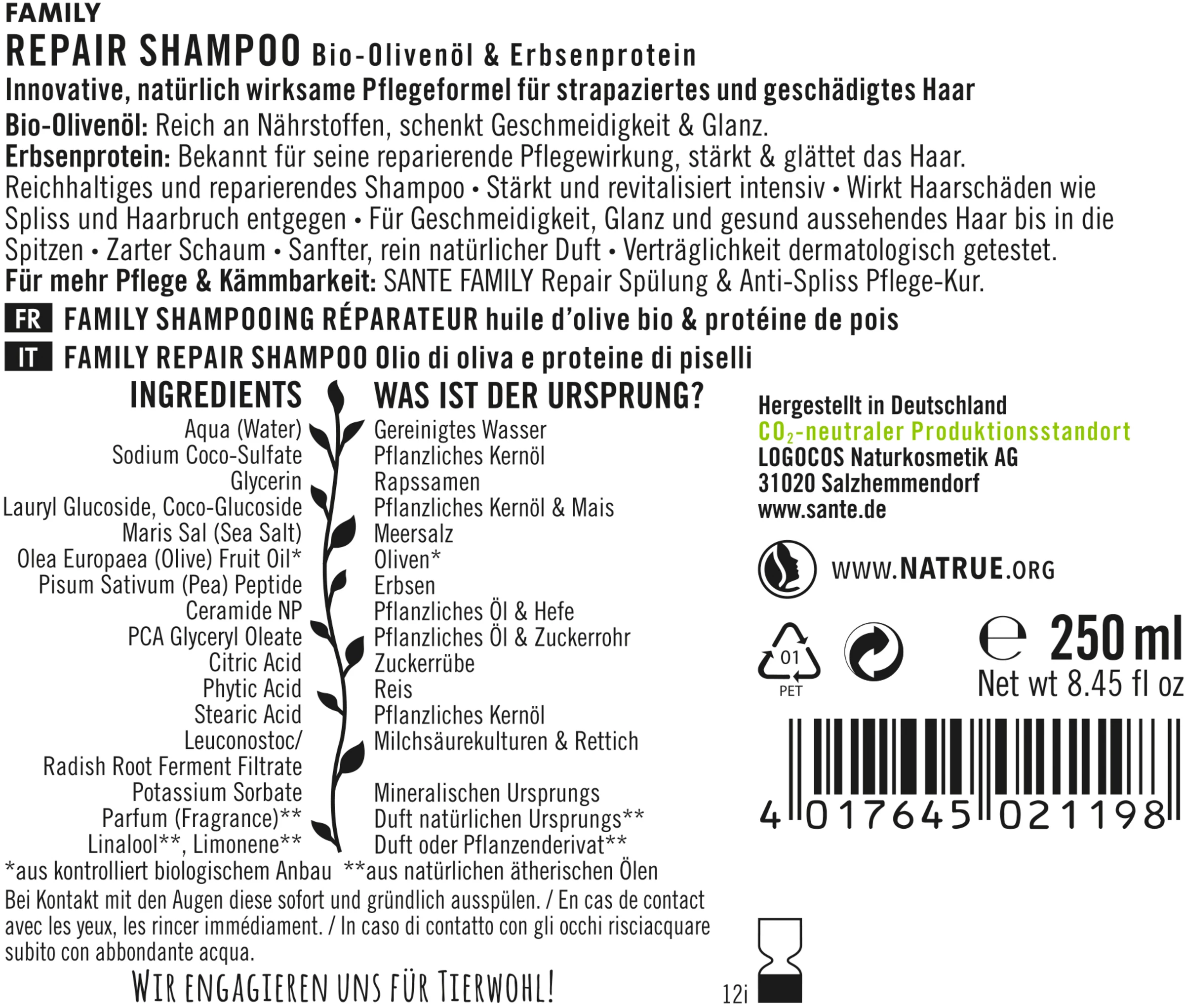 Sante FAMILY Repair Shampoo Bio-Olivenöl & Erbsenprotein 2 Sante FAMILY Repair Shampoo Bio-Olivenöl & Erbsenprotein – Bild 2