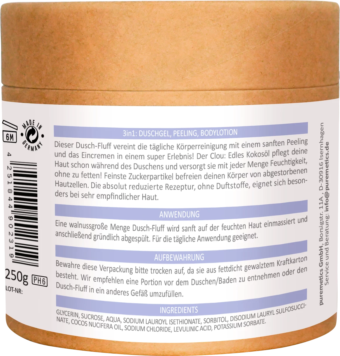 Puremetics 3in1 Dusch-Fluff Sensibelchen Mit Zuckerpeeling 2 Puremetics 3in1 Dusch-Fluff Sensibelchen Mit Zuckerpeeling – Bild 2