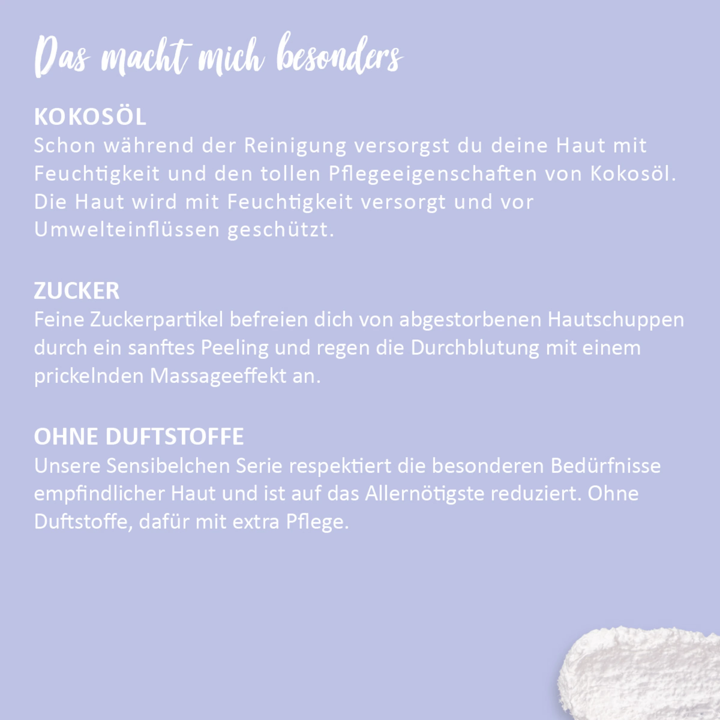 Puremetics 3in1 Dusch-Fluff Sensibelchen Mit Zuckerpeeling 4 Puremetics 3in1 Dusch-Fluff Sensibelchen Mit Zuckerpeeling – Bild 4