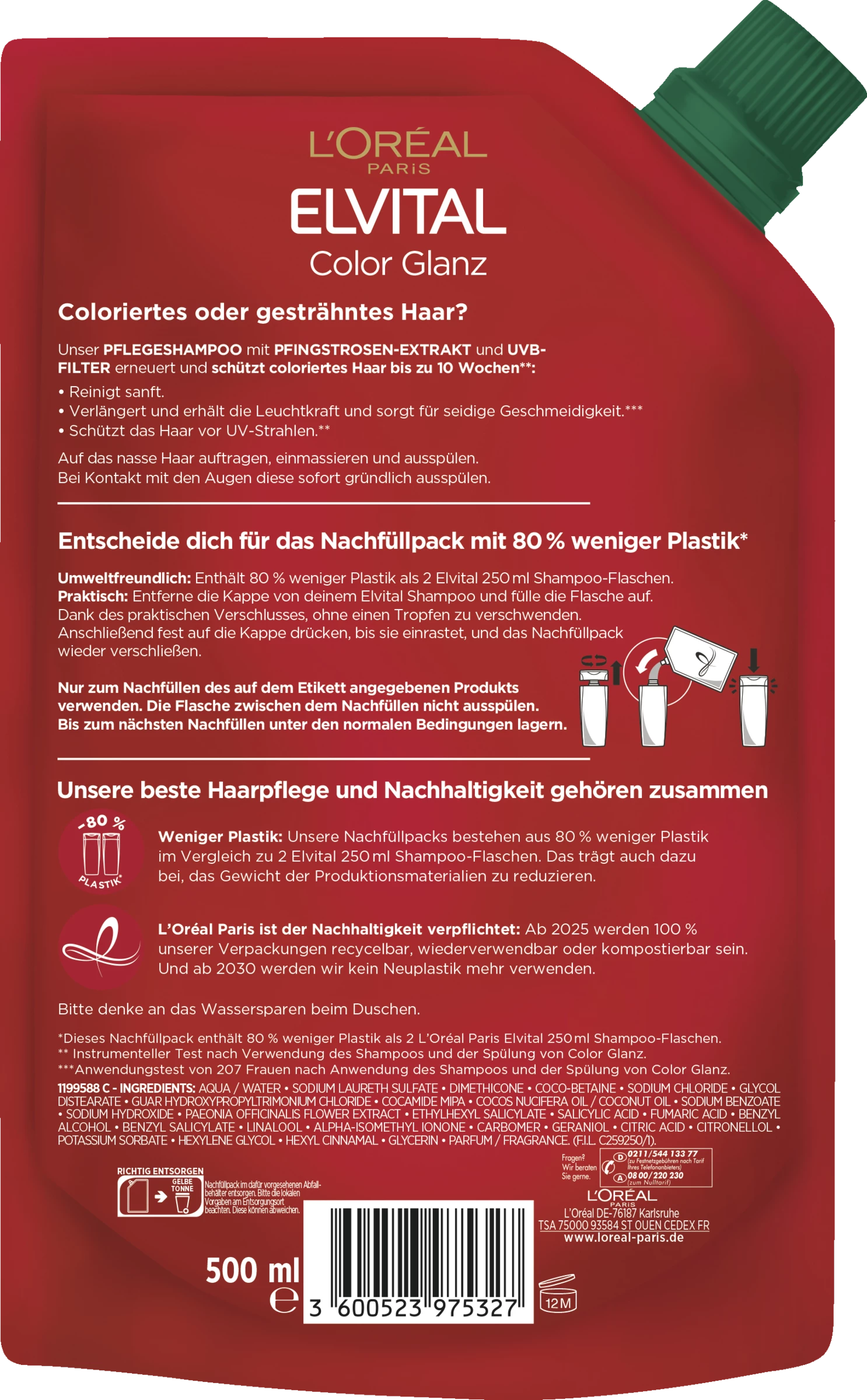 L’Oréal Paris Elvital Elvital Shampoo Nachfüll Color Glanz 500ml 2 L’Oréal Paris Elvital Elvital Shampoo Nachfüll Color Glanz 500ml – Bild 2